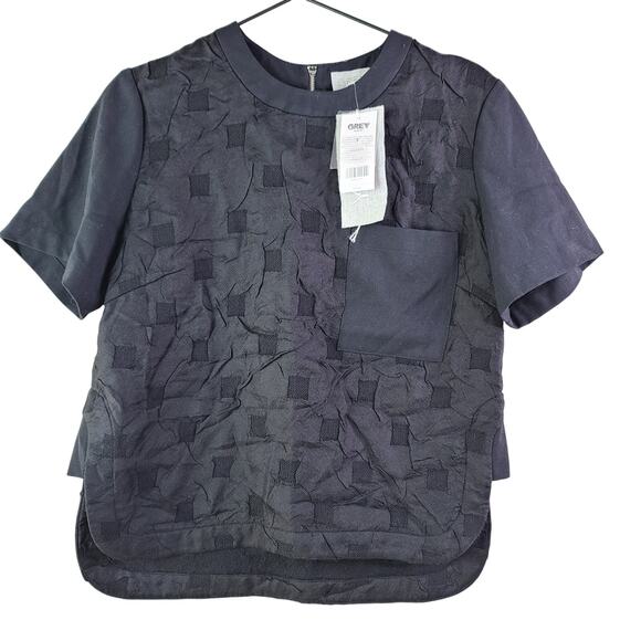 JASON WU GREY Short-Sleeve Boxy Jacquard Cloque Top Black Pocket Zip up 2 NEW - Picture 2 of 11